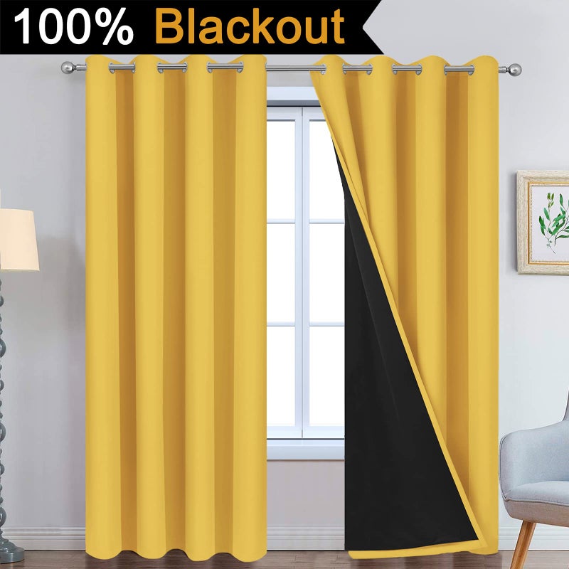 Yakamok 100% Blackout Curtains Energy Saving Thermal Insulated 2 Thick Layers Completely Blackout Drapes with Black Liner for Bedroom (52Wx84L,Mustard Yellow, Set of 2) - Image 2